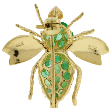 14K Yellow Gold Round Cut Natural Emerald Pave Bee Brooch