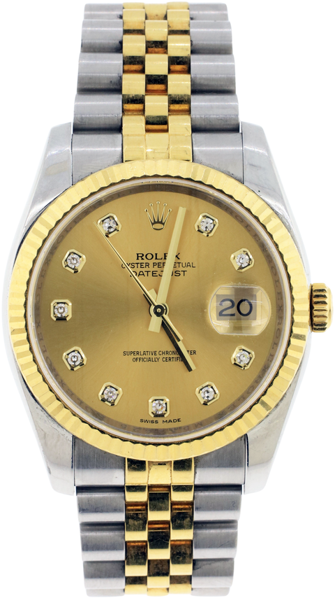 Rolex Datejust 18k Yellow Gold/Steel Champagne Diamond Dial 36mm Watch (116233)