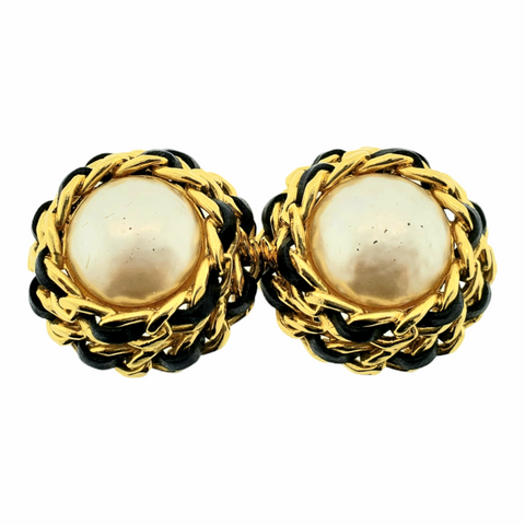 Chanel Leather & Faux Pearl Clip-On Earrings 62.5g