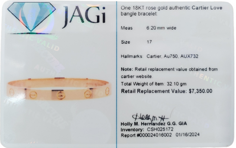 18KT Rose Gold Authentic Cartier Love Bangle Bracelet Size 17