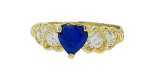 14K Yellow Gold Blue Heart Cubic Zirconia Stones Ring Size 9.5