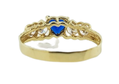 14K Yellow Gold Blue Heart Cubic Zirconia Stones Ring Size 9.5