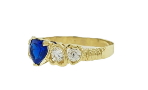 14K Yellow Gold Blue Heart Cubic Zirconia Stones Ring Size 9.5