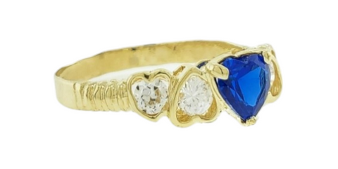 14K Yellow Gold Blue Heart Cubic Zirconia Stones Ring Size 9.5