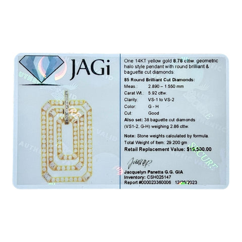 14KT YG 8.78 cctw. Geometric Halo Pendant W/Round Brillant Baguette Cut Diamonds