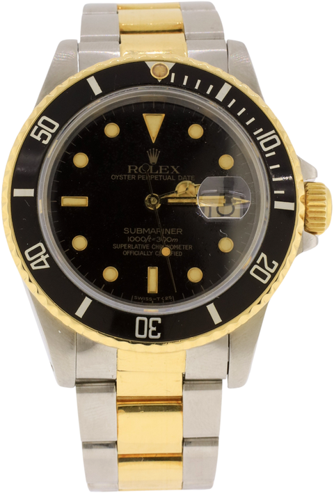 Rolex Submariner Date 18K Yellow Gold Black Stainless Steel 40mm 16803 Watch