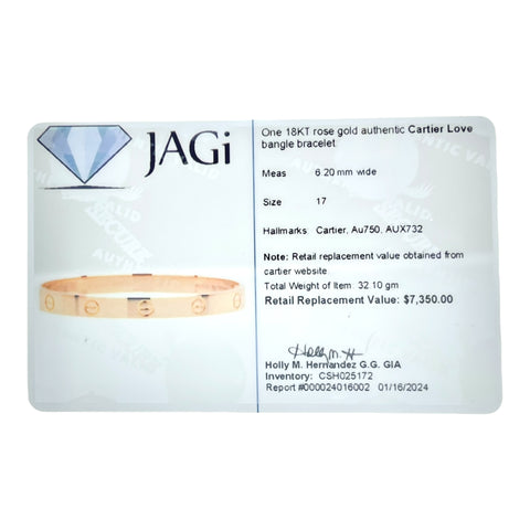 18KT Rose Gold Authentic Cartier Love Bangle Bracelet