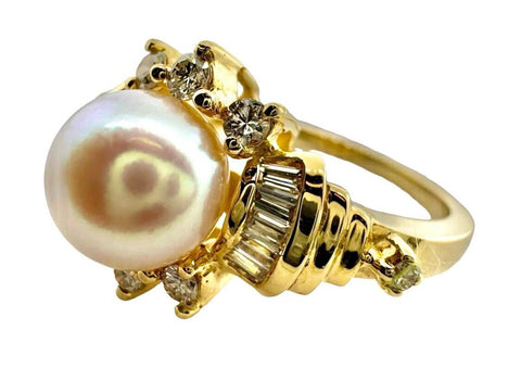 14KT Yellow Gold 0.35 cttw. Diamond & Cultured Pearl Fashion Ring Size 7