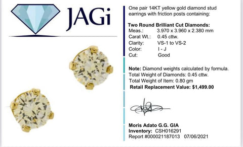 14K Yellow Gold-Diamond Earrings - 2 Diamonds, 0.45 Carat T.W.