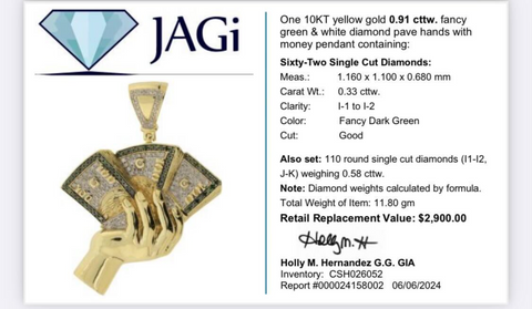 10KT Yellow Gold 0.91 cttw. Fancy Green & White Diamond Pave Hands with Money Pendant