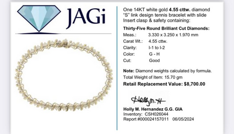 14KT White Gold 4.55 cttw Diamond "S" Link Design Tennis Bracelet