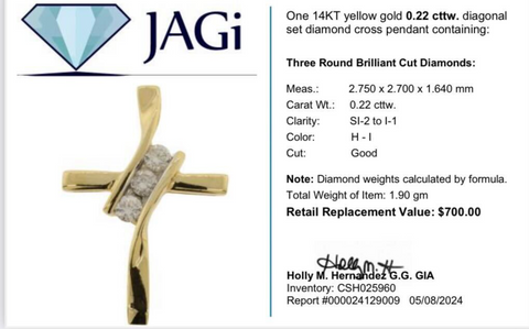 14KT Yellow Gold 0.22 cttw. Diagonal Set Diamond Cross Pendant