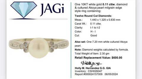 10KT White Gold 0.11 cttw Diamond & Cultured Akoya Pearl Milgrain Edge Style Ring Size 9.5