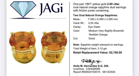 18KT Yellow Gold 2.00 cttw. Natural Orange Sapphire Stud Earrings