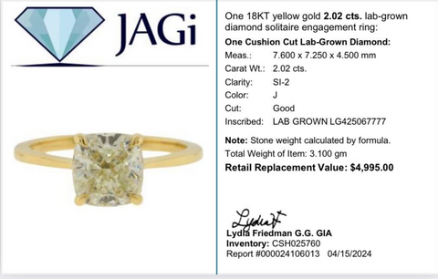 18KT Yellow Gold 2.02 cts. Lab-Grown Diamond Solitaire Engagement Ring (Size 5.5)