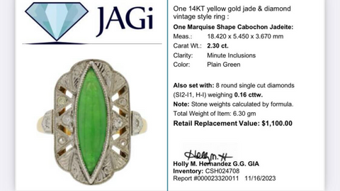 14K Yellow Gold Jade & Diamond Vintage Style Ring Size 5