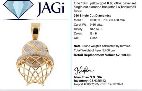 10K Yellow Gold 5.4g 366 Diamonds .66 Carat T.W. Basketball Pendant