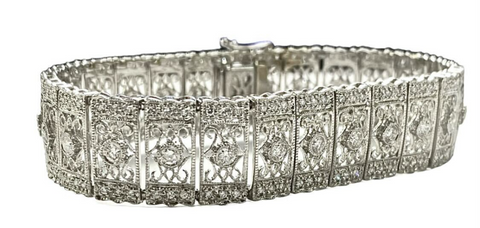 18K White Gold 1.32cttw Round Brilliant Cut Diamond Ornate Style Bracelet