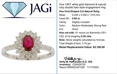 14KT White Gold Diamond & Natural Ruby Double Halo Style Engagement Ring Size 9