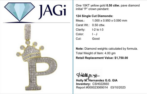 10KT Yellow Gold 0.50 cttw. Pave Diamond Initial “P” Crown Pendant