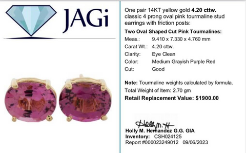 14K Yellow Gold 4.20cttw Classic 4 Prong Oval Pink Tourmaline Stud Earrings