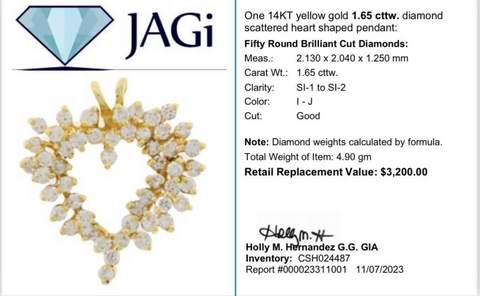 14K Yellow Gold 1.65cttw Diamond Scattered Heart Shaped Pendant