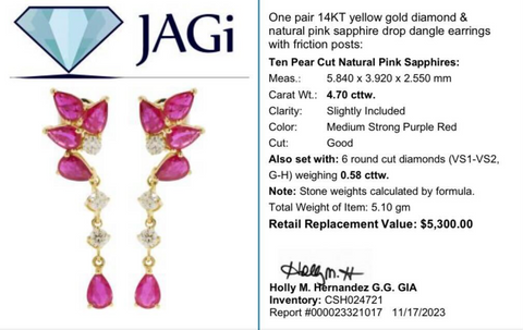 14K Yellow Gold Diamond & Natural Pink Sapphire Drop Dangle Earrings