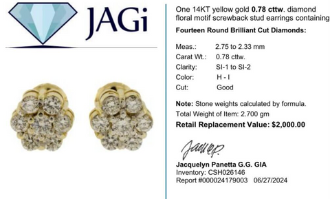 14K Yellow Gold Diamond Floral Motif Screwback Stud Earrings