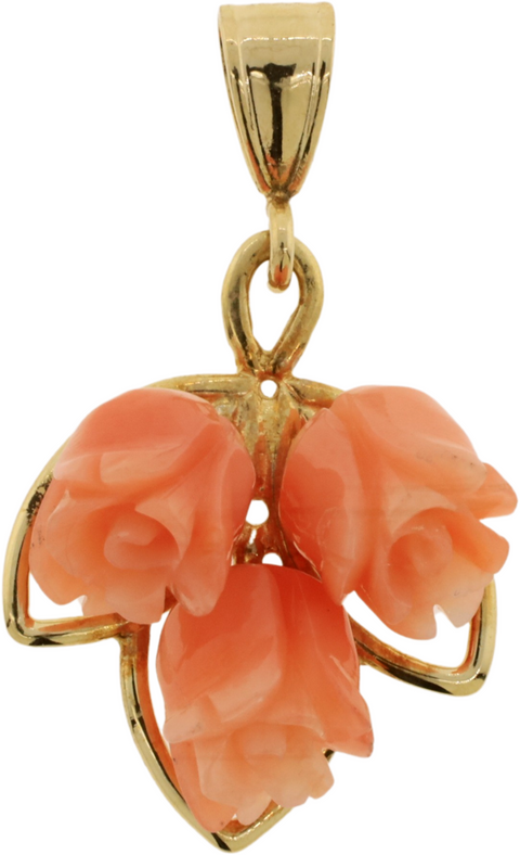 14K Yellow Gold Carved Pink Coral Tripple Rose Pendant