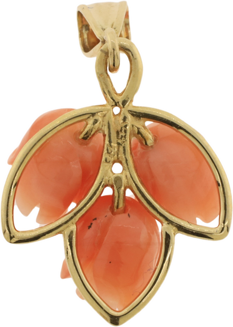 14K Yellow Gold Carved Pink Coral Tripple Rose Pendant