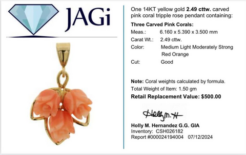 14K Yellow Gold Carved Pink Coral Tripple Rose Pendant