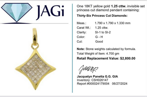 18KT Yellow Gold Invisible Set Princess Cut Diamond Pendant