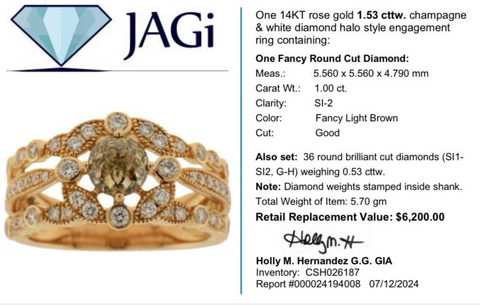 14K Rose Gold Champagne & White Diamond Halo Style Engagement Ring Size 6.5