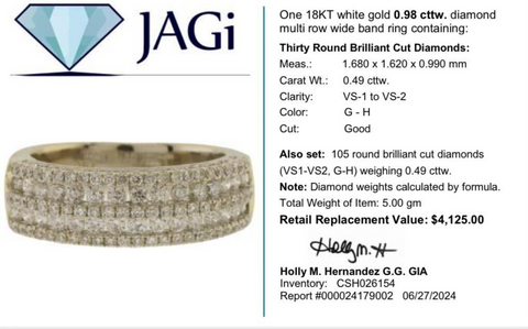 18K White Gold Diamond Multi Row Wide Band Ring Size 4