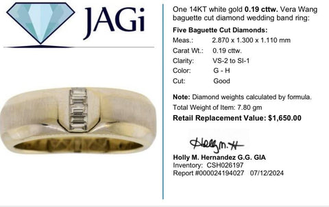 14KT White Gold Vera Wang Baguette Cut Diamond Wedding Band Ring Size 8