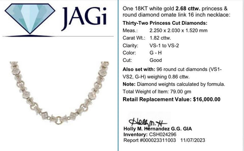 18KT White Gold Princess & Round Diamond Ornate Link 16" Necklace