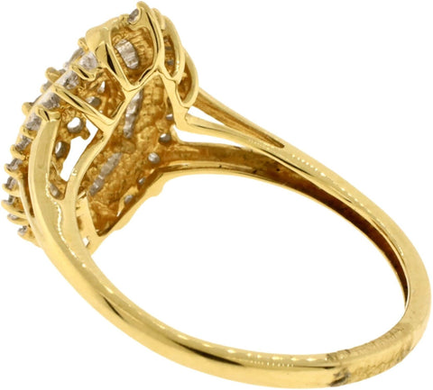 10K Yellow Gold Round Brilliant & Baguette Cut Diamond Cluster Statement Ring