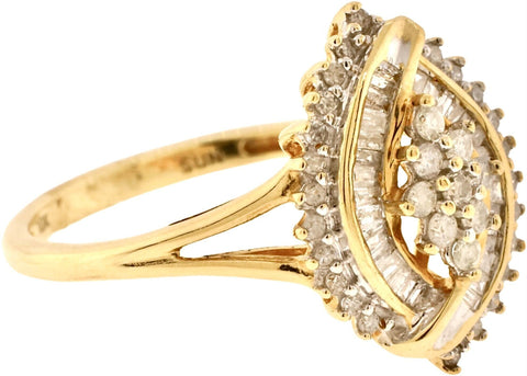 10K Yellow Gold Round Brilliant & Baguette Cut Diamond Cluster Statement Ring