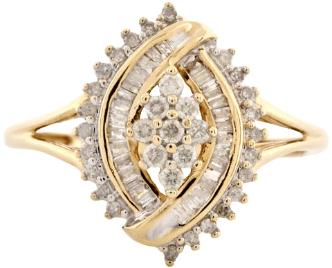 10K Yellow Gold Round Brilliant & Baguette Cut Diamond Cluster Statement Ring