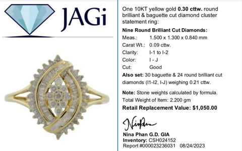 10K Yellow Gold Round Brilliant & Baguette Cut Diamond Cluster Statement Ring