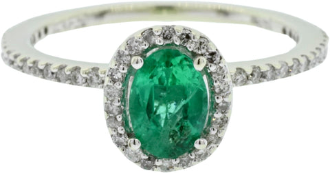 14K White Gold Diamond & Natural Emerald Halo Style Engagement Ring Size: 7