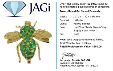 14K Yellow Gold Round Cut Natural Emerald Pave Bee Brooch