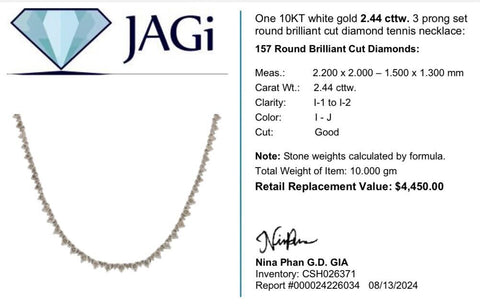 10K White Gold 3 Prong Set Round Brilliant Cut Diamond Tennis Necklace