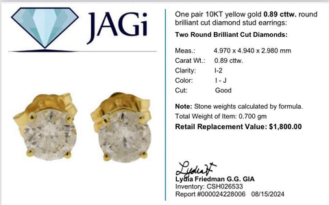 10K Yellow Gold Round Brilliant Cut Diamond Stud Earrings