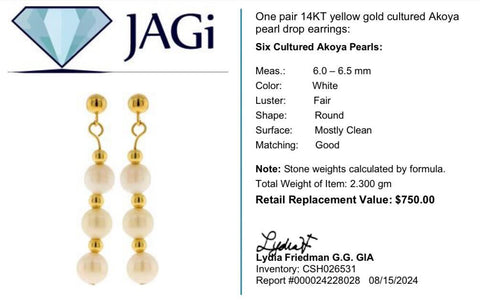 14K Yellow Gold Cultured Akoya Pearl Drop Earrings