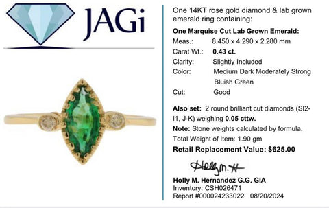 14K Rose Gold Diamond & Lab Grown Emerald Ring Size 4.25