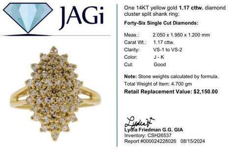 14K Yellow Gold Diamond Cluster Split Shank Ring Size 7.5