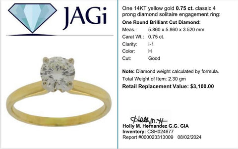 14K Yellow Gold Classic 4 Prong Diamond Solitaire Engagement Ring Size 5.25