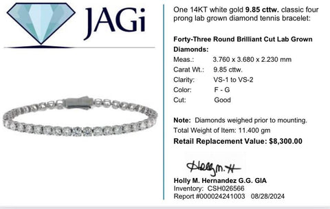 14K White Gold Classic Four Prong Lab Grown Diamond Tennis Bracelet