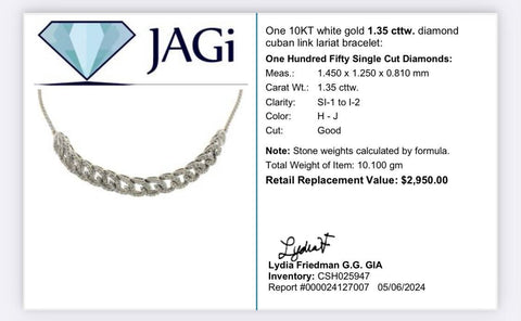 10KT White Gold 1.35cttw. Diamond Cuban Link Lariat Bracelet